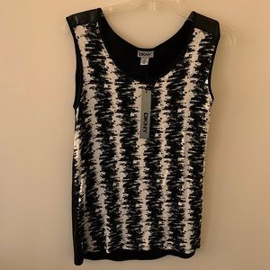 DKNY Sleeveless Top Faux Leather Back Black Ivory XS NWT